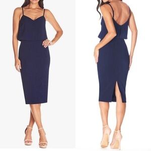 NWOT Dress the population Alondra Blouson Sheath Dress in midnight blue sz L